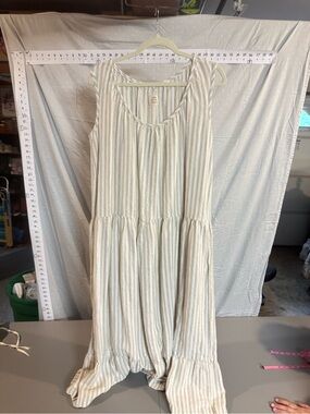 Sleeveless Striped Tailored Linen Maxi Dress in Cream and Beige